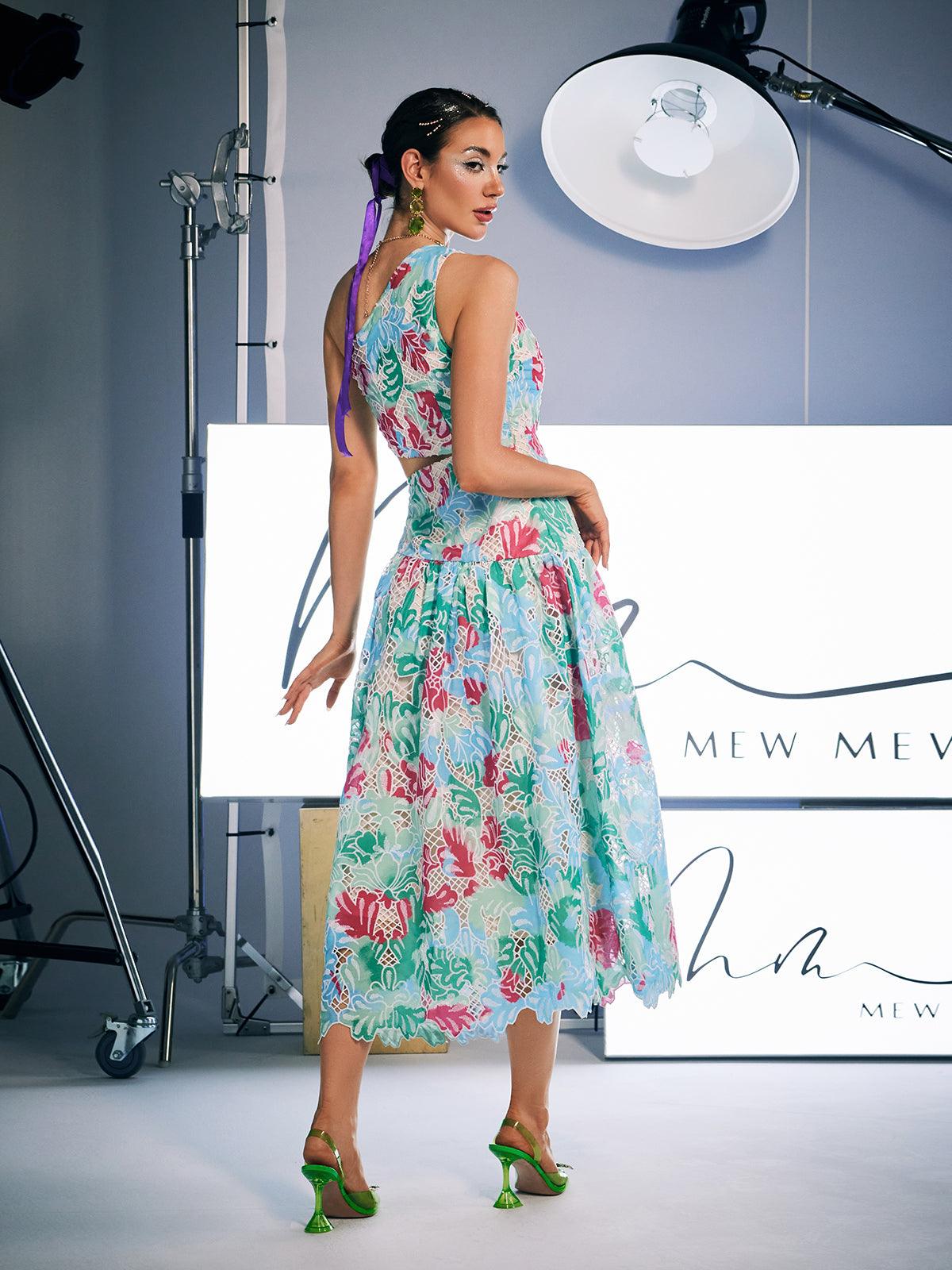 Elegant Habib one shoulder embroidered midi dress with stunning floral print, perfect for weddings and special occasions.