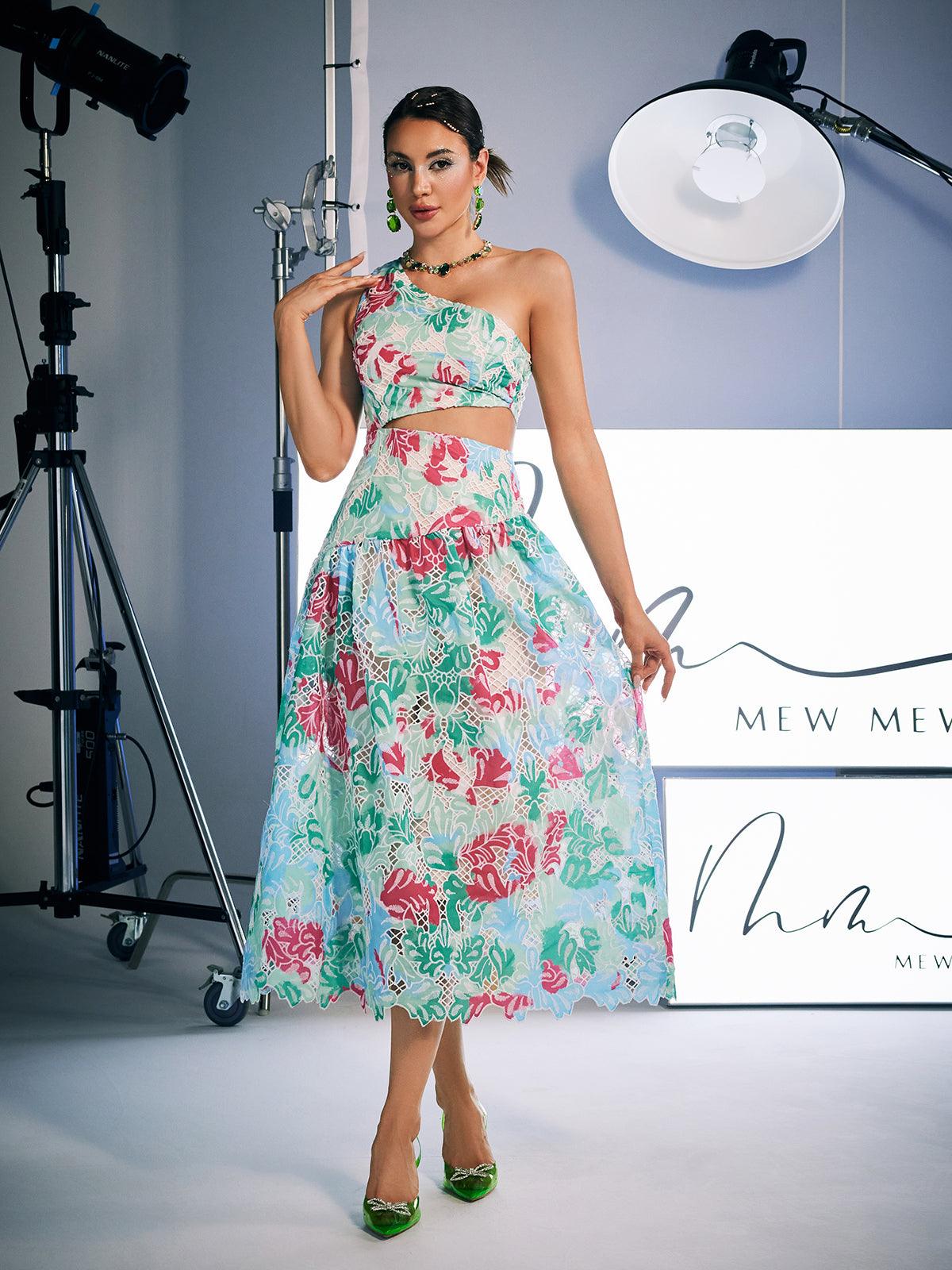 Elegant Habib one shoulder embroidered midi dress with stunning floral print, perfect for weddings and special occasions.