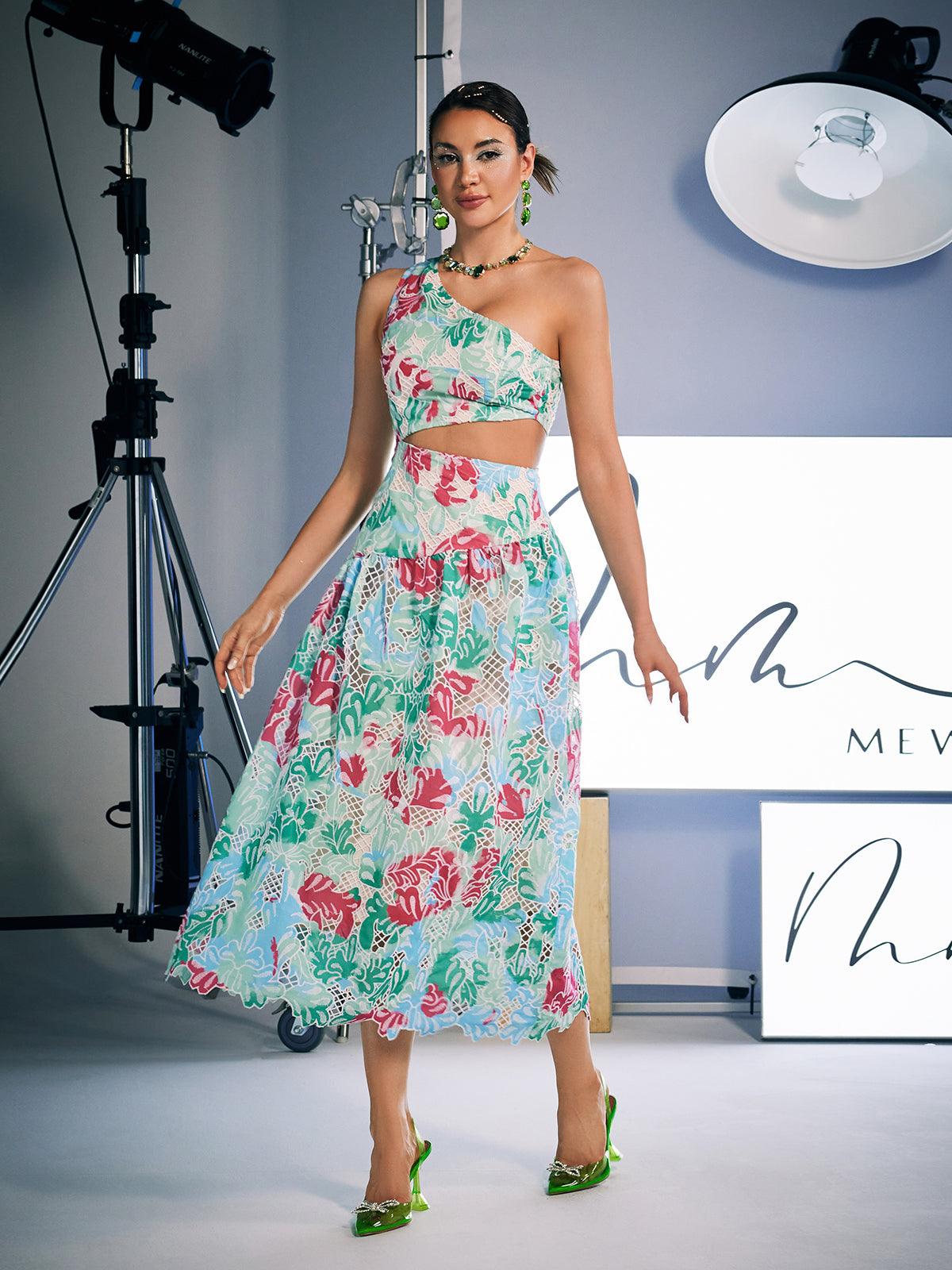 Elegant Habib one shoulder embroidered midi dress with stunning floral print, perfect for weddings and special occasions.