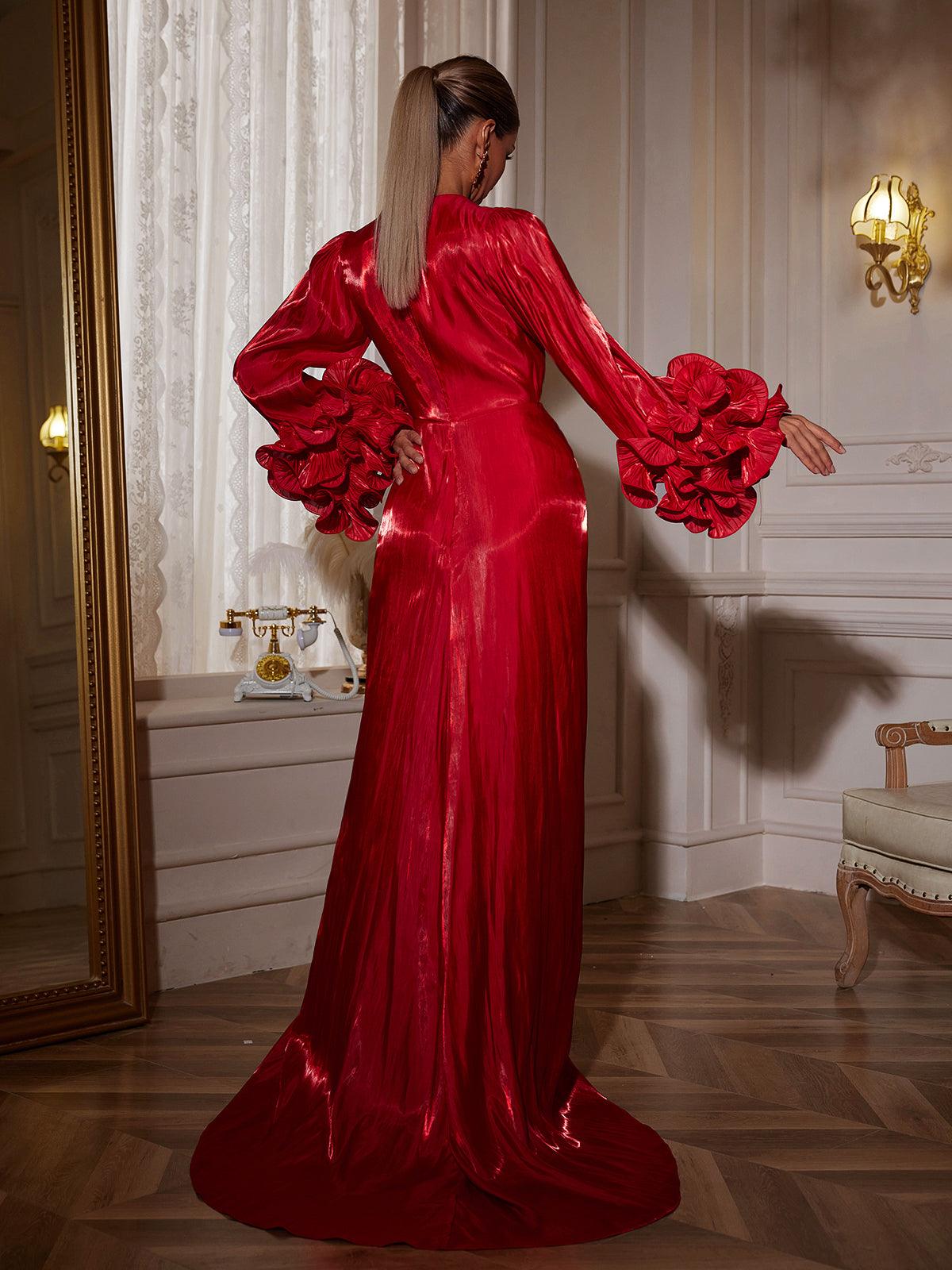 Halston Long Sleeve Ruched Split Maxi Dress in red, featuring a flattering silhouette and elegant ruched design.