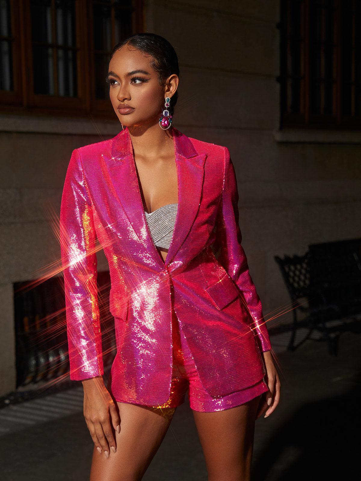 Hanako Sequin Blazer Shorts Set in Hot Pink, featuring a stylish blazer and shorts ensemble adorned with vibrant sequins.