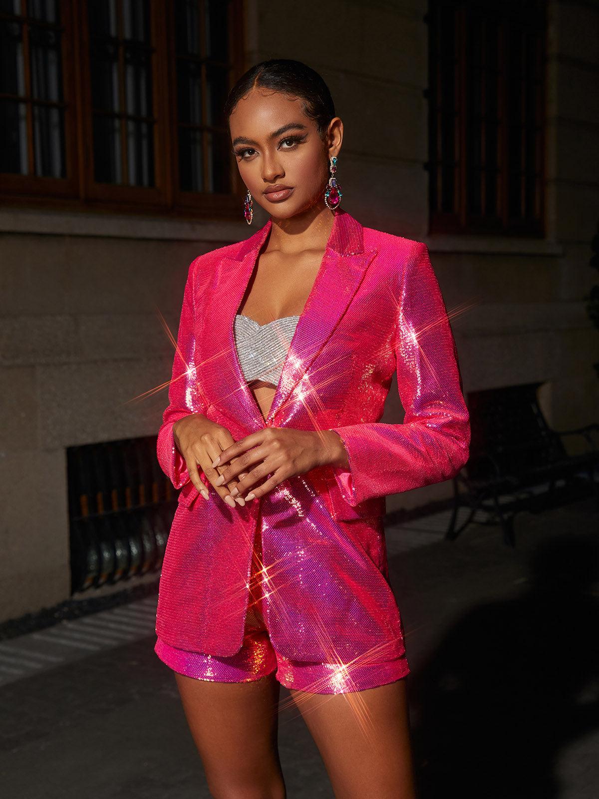 Hanako Sequin Blazer Shorts Set in Hot Pink, featuring a stylish blazer and shorts ensemble adorned with vibrant sequins.