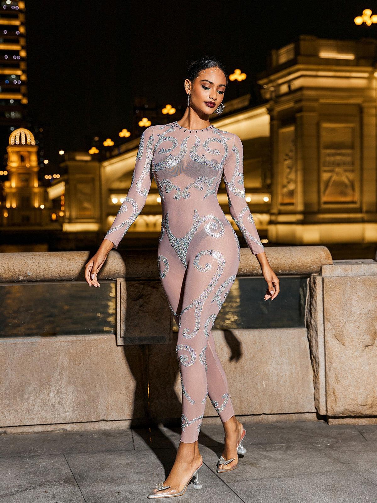 Elegant Hanifa body printed rhinestone jumpsuit featuring a unique design and comfortable fit, perfect for night outings.