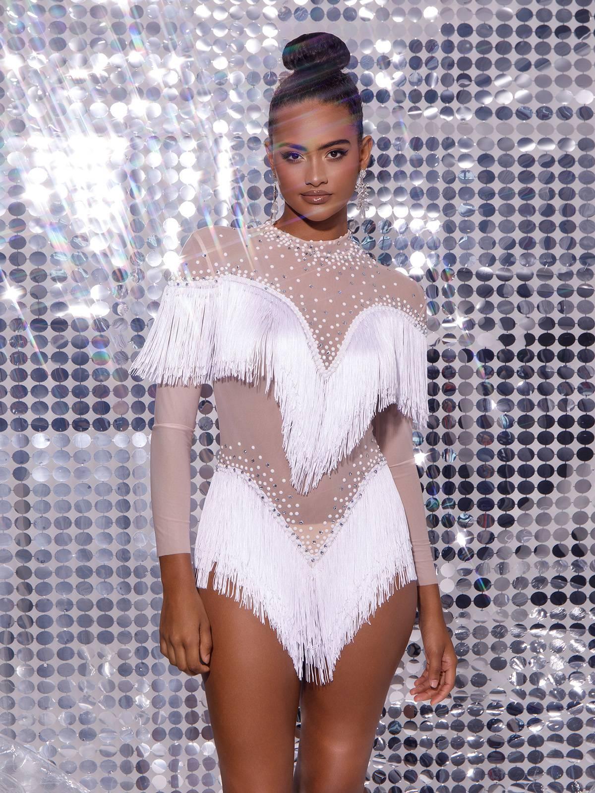 Harlan Crystal Fringe Mini Dress in Light Nude & White featuring elegant fringe details and a trendy design, ideal for evening wear.