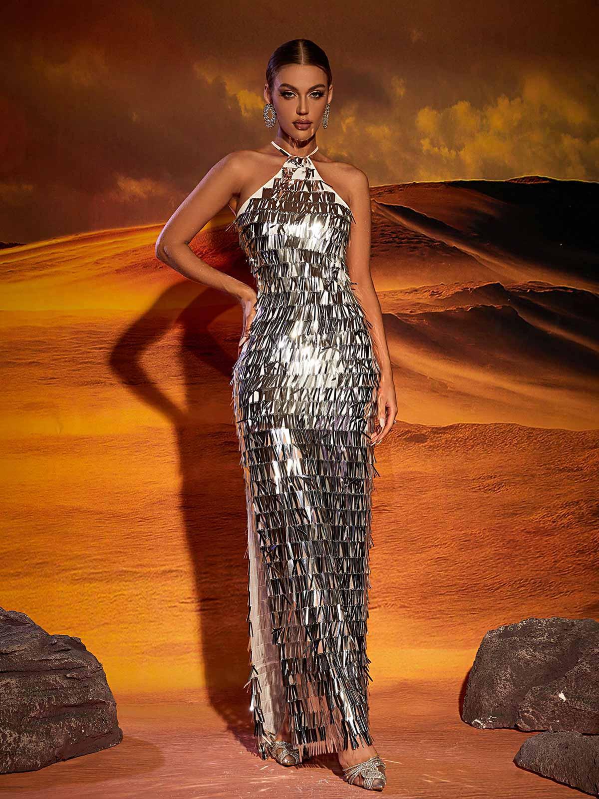 Harper Halterneck Sequin Split Maxi Dress featuring sparkling sequins and a stylish split, perfect for glamorous party attire.