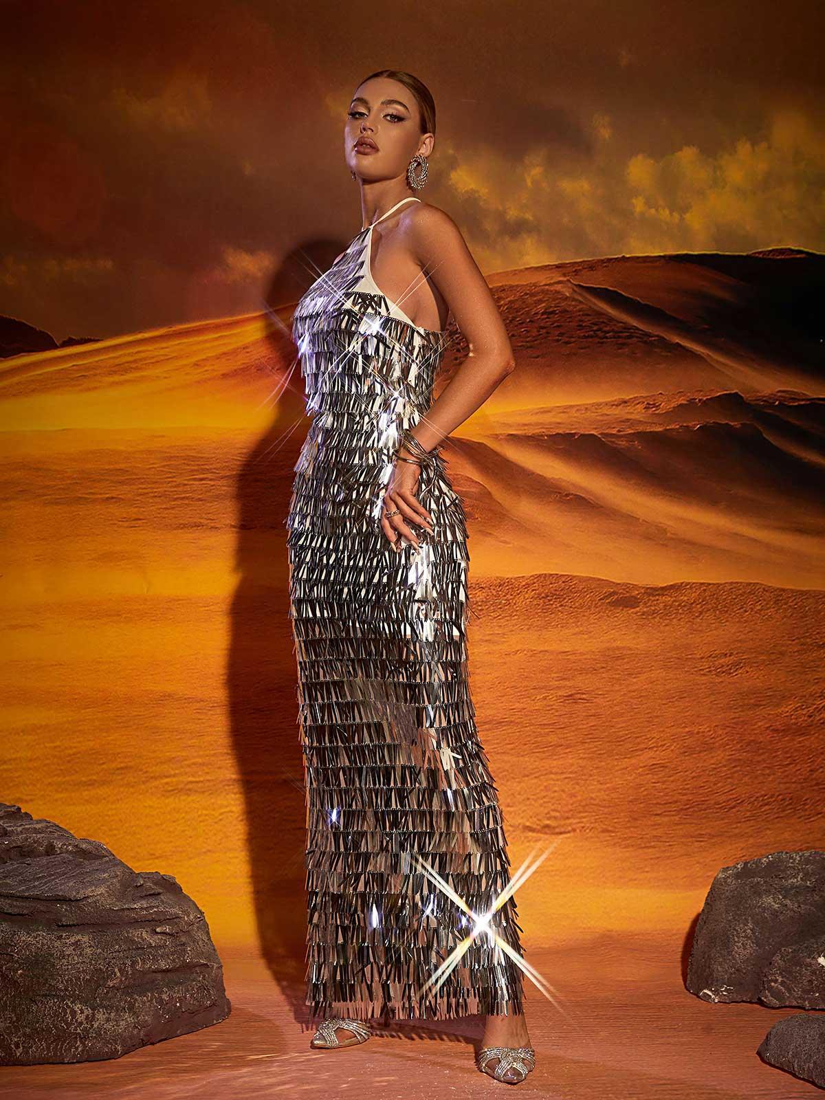 Harper Halterneck Sequin Split Maxi Dress featuring sparkling sequins and a stylish split, perfect for glamorous party attire.
