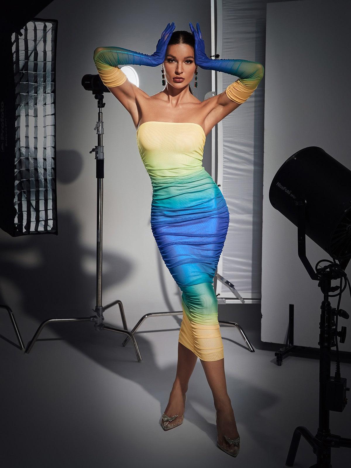 Hartford Gradient Mesh Dress in Blue with matching gloves, perfect for elegant events and special occasions.