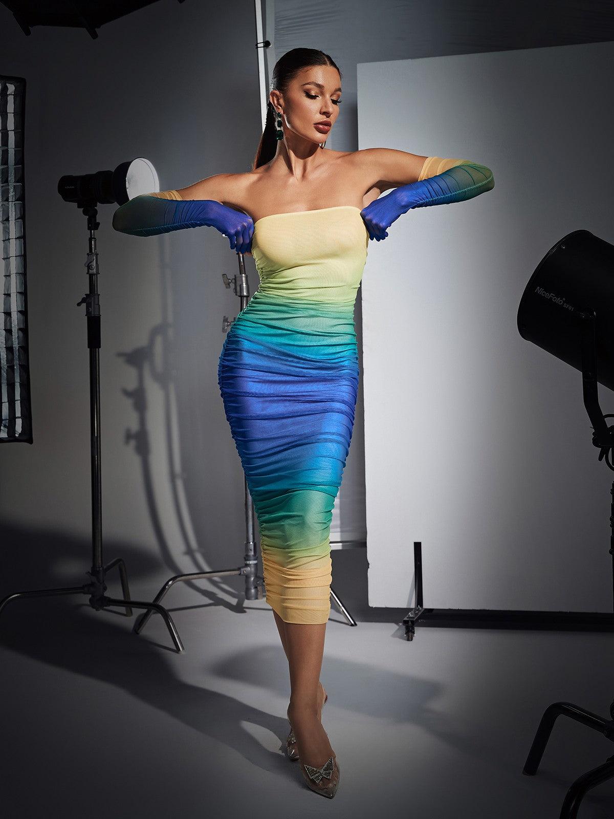 Hartford Gradient Mesh Dress in Blue with matching gloves, perfect for elegant events and special occasions.