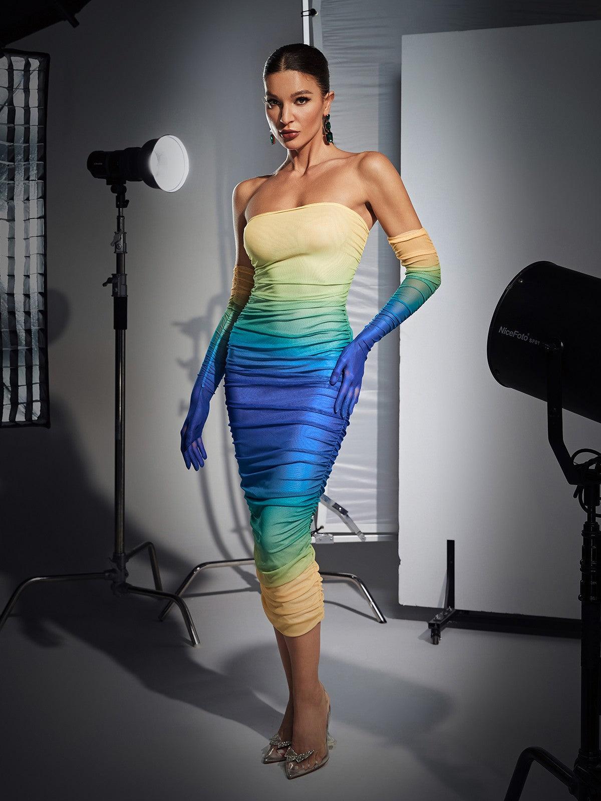 Hartford Gradient Mesh Dress in Blue with matching gloves, perfect for elegant events and special occasions.