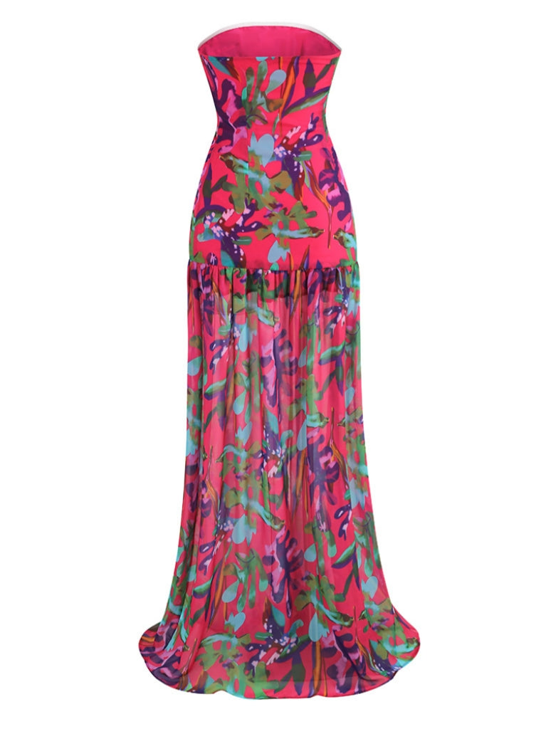 Alikae Strapless Floral Printed Maxi Dress in Purple, perfect for summer vacations and warm weather outings.