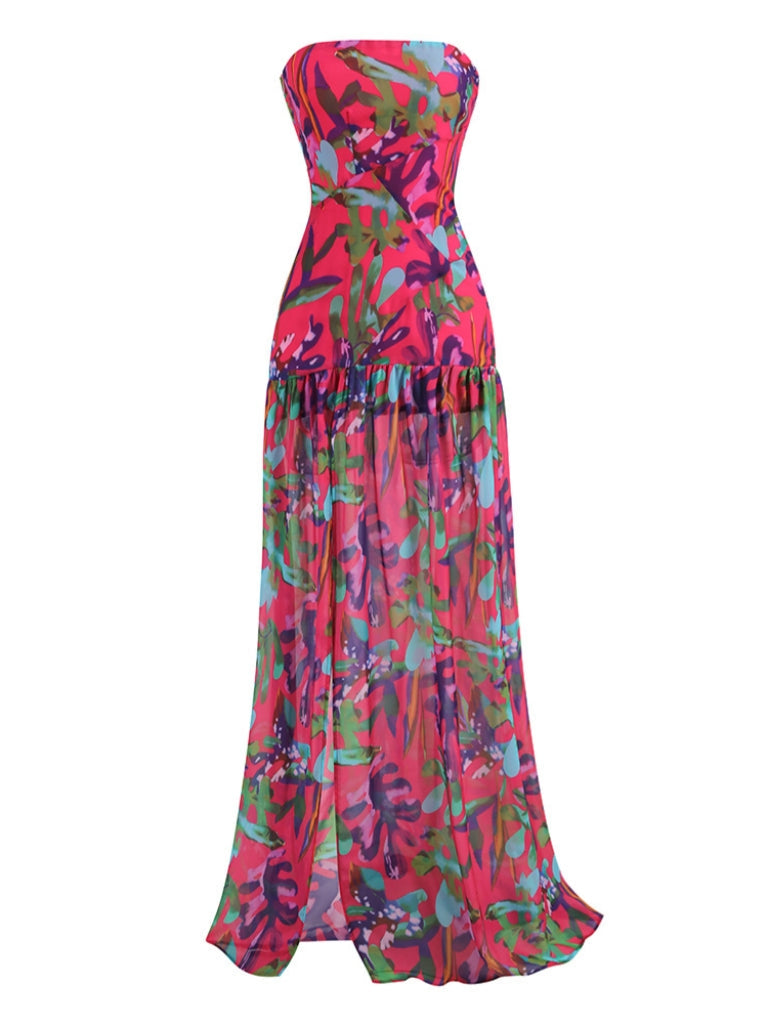 Alikae Strapless Floral Printed Maxi Dress in Purple, perfect for summer vacations and warm weather outings.
