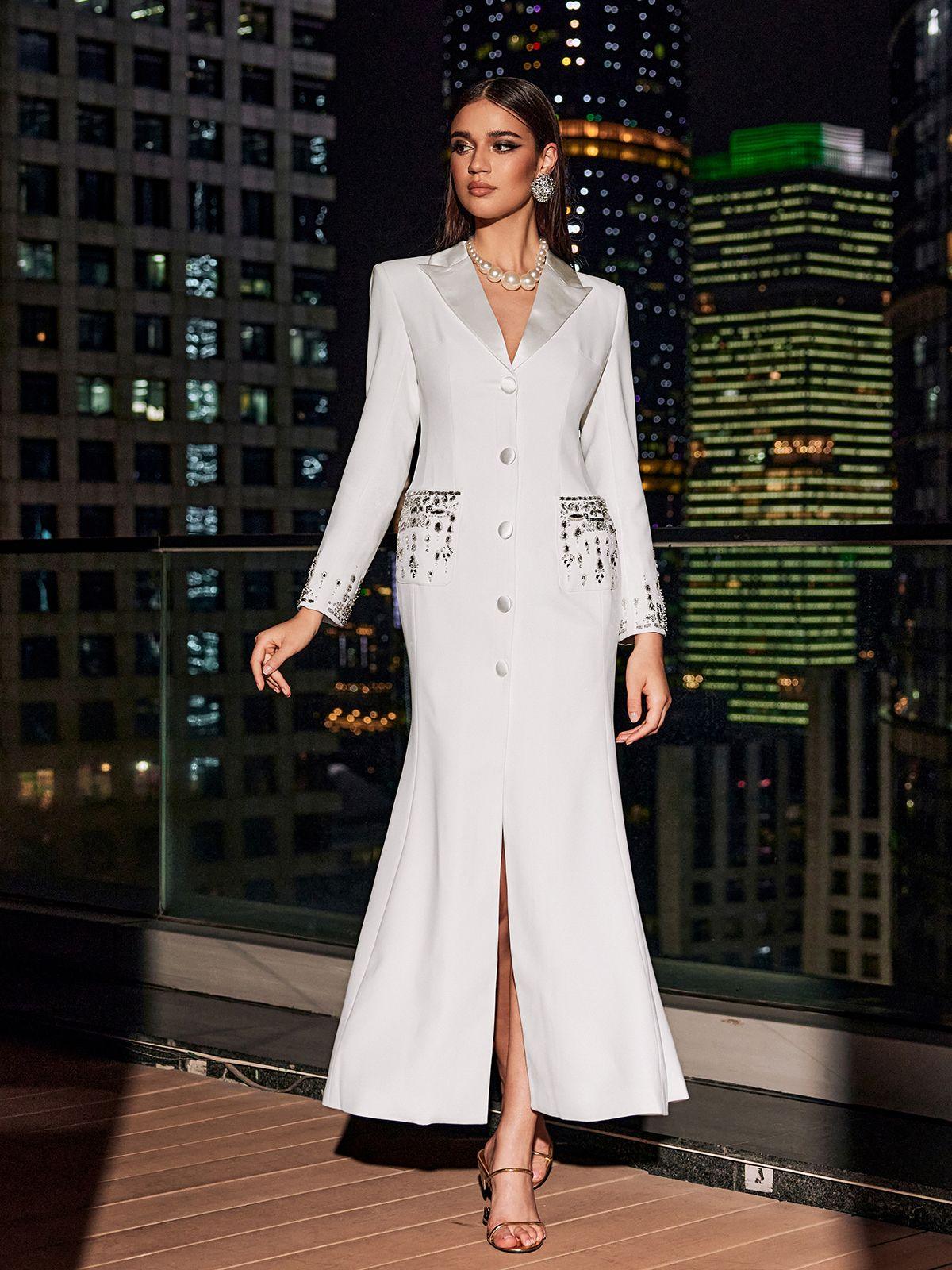 Hassan Rhinestone Blazer Dress in White, showcasing elegant rhinestone details and a tailored fit, ideal for special occasions.