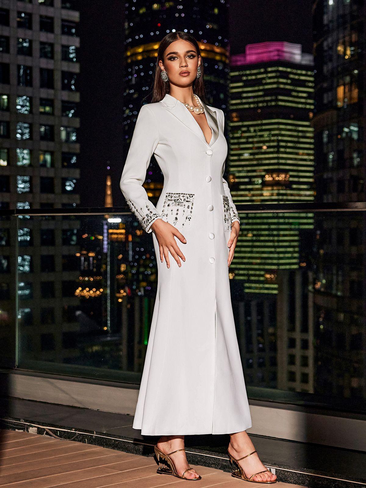 Hassan Rhinestone Blazer Dress in White, showcasing elegant rhinestone details and a tailored fit, ideal for special occasions.