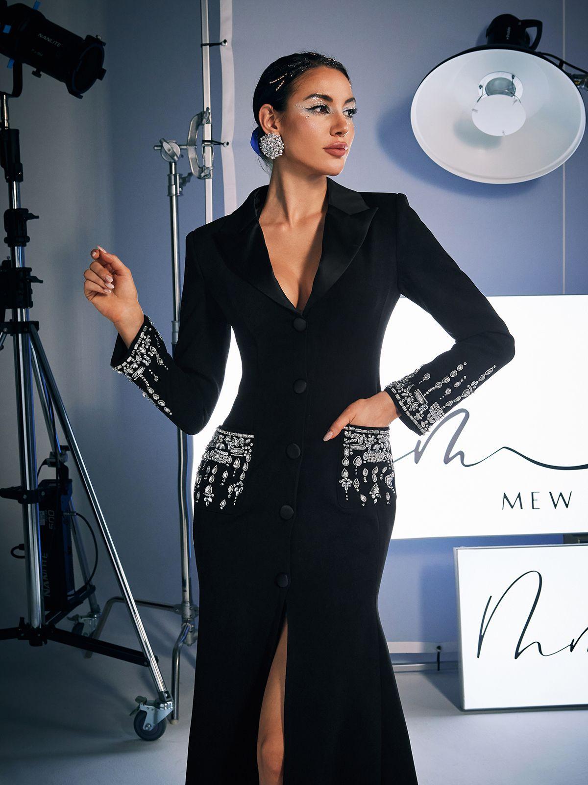 Hassan Rhinestone Blazer Dress in Black, featuring elegant rhinestone details and a long sleeve design, perfect for glamorous events.