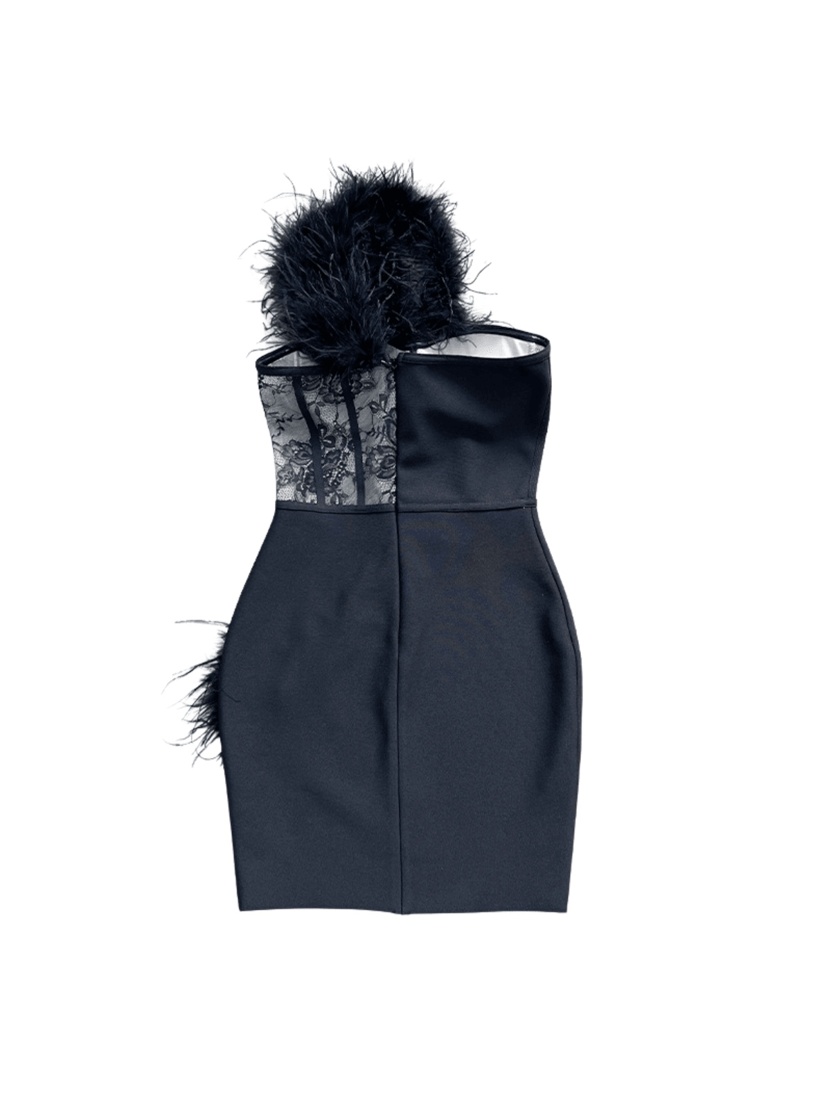 Elegant black Hayes One Shoulder Feather Bandage Dress with luxurious detail, perfect for cocktails and evening events.