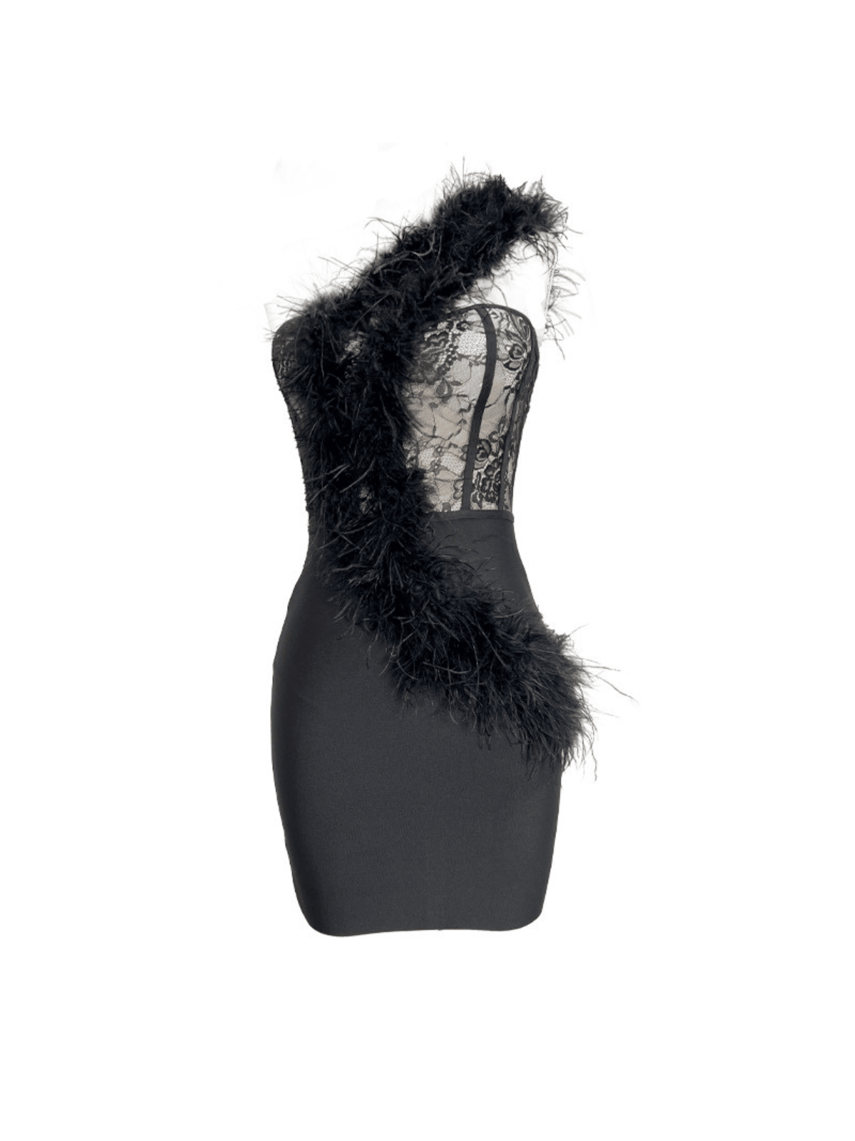 Elegant black Hayes One Shoulder Feather Bandage Dress with luxurious detail, perfect for cocktails and evening events.