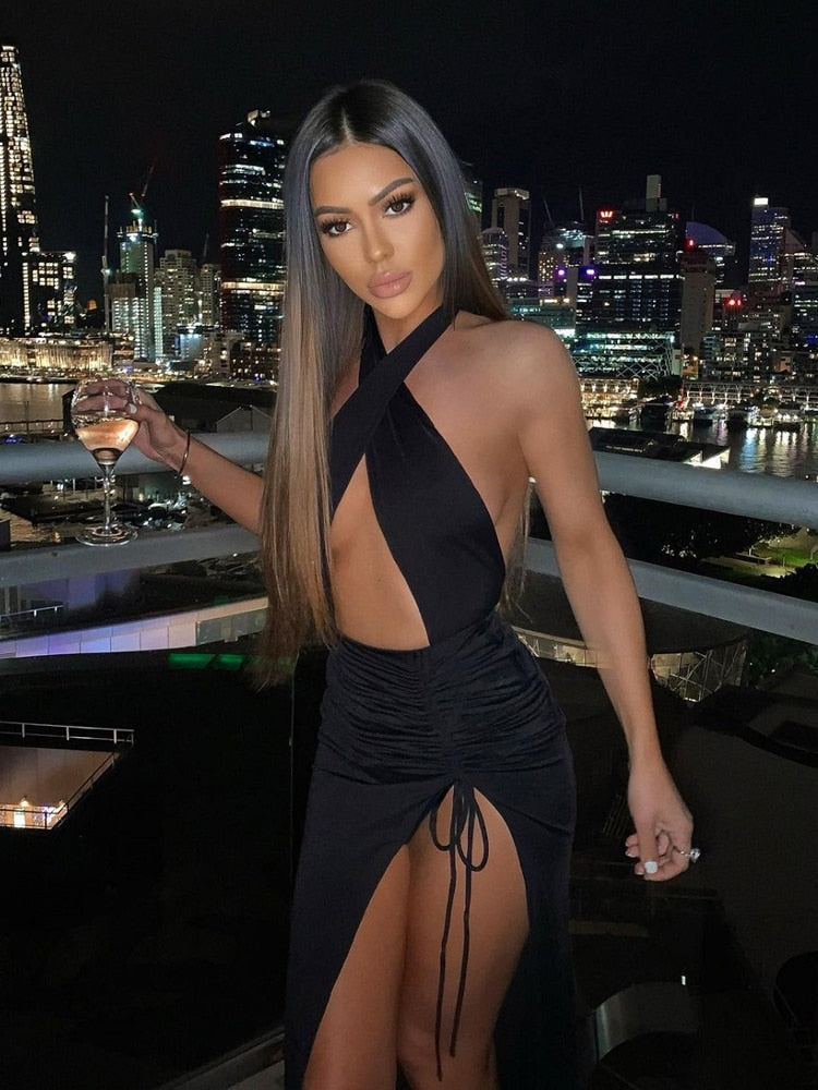 Navel Cutout Pleated Slit Long Dress