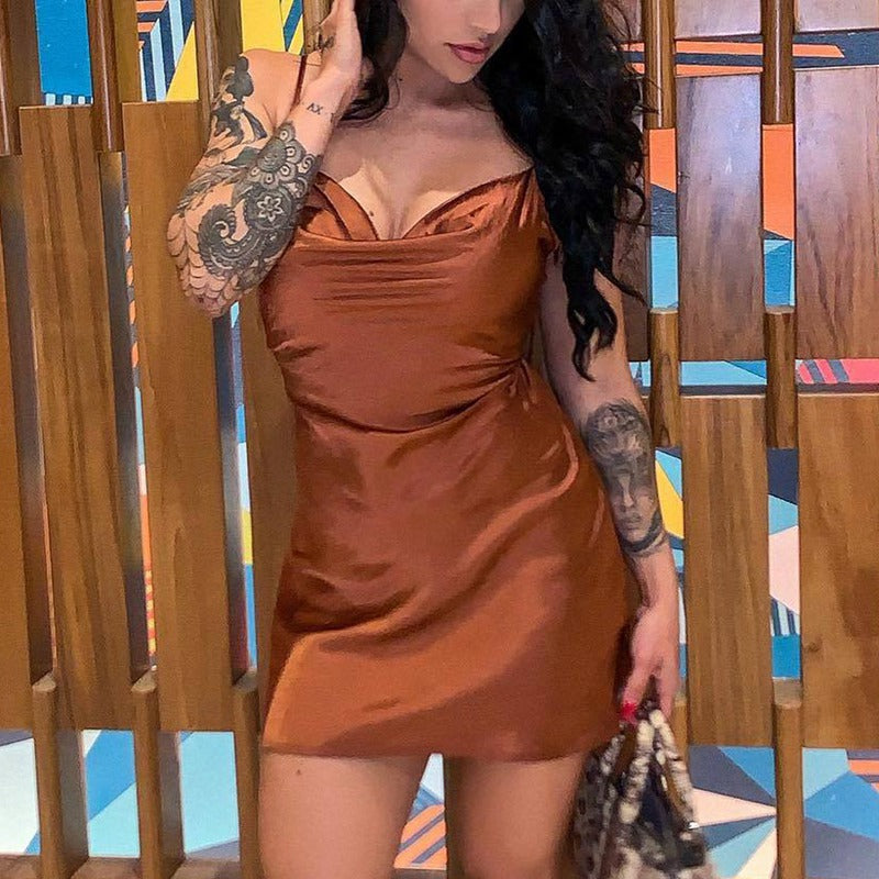 CHIC SATIN WAIST ADJUSTABLE STRAP DRESS-PURPLE