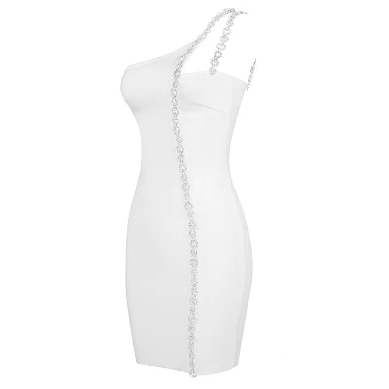 One-Shoulder Long Chain Mini Dress