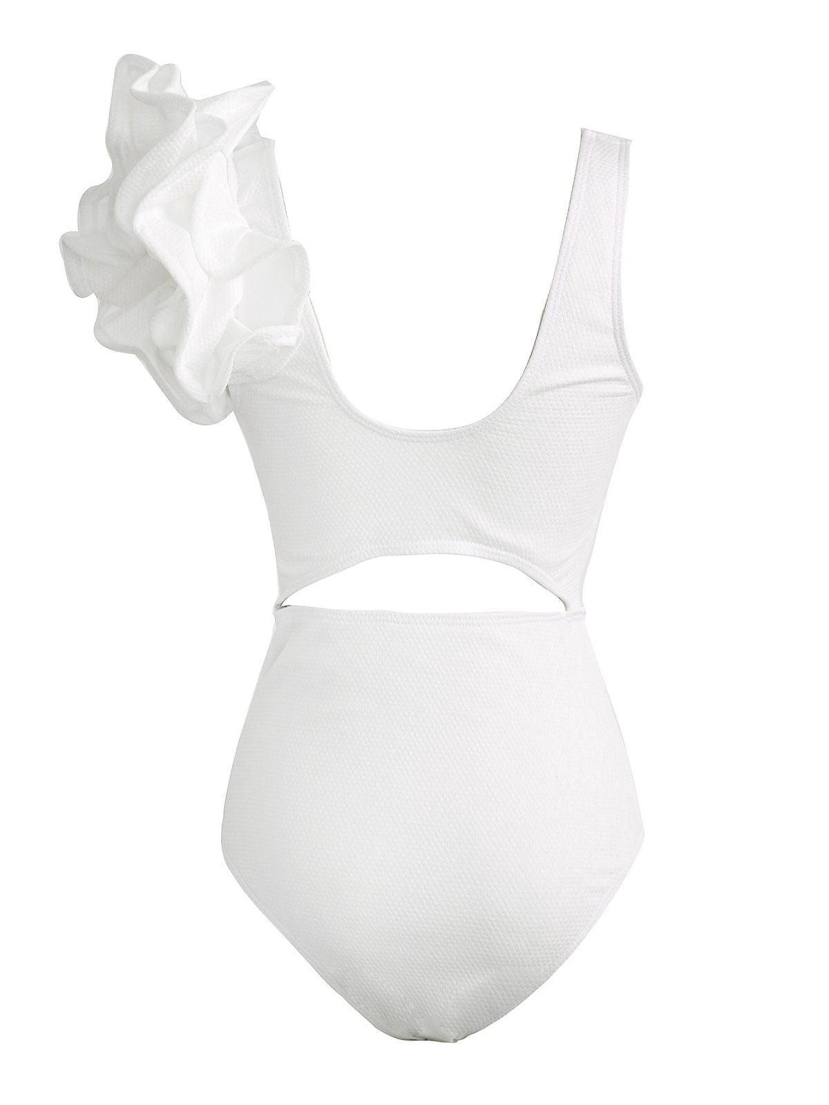 Heather Ruffle Cutout One Piece Swimsuit in white, featuring cutouts and ruffle details, ideal for stylish beach outings.