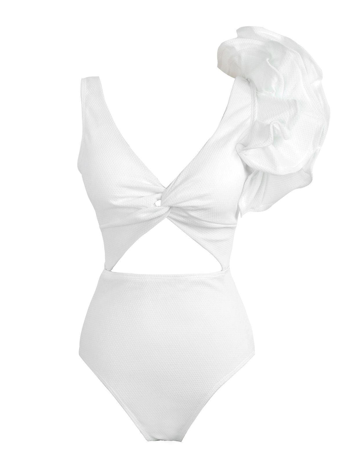 Heather Ruffle Cutout One Piece Swimsuit in white, featuring cutouts and ruffle details, ideal for stylish beach outings.