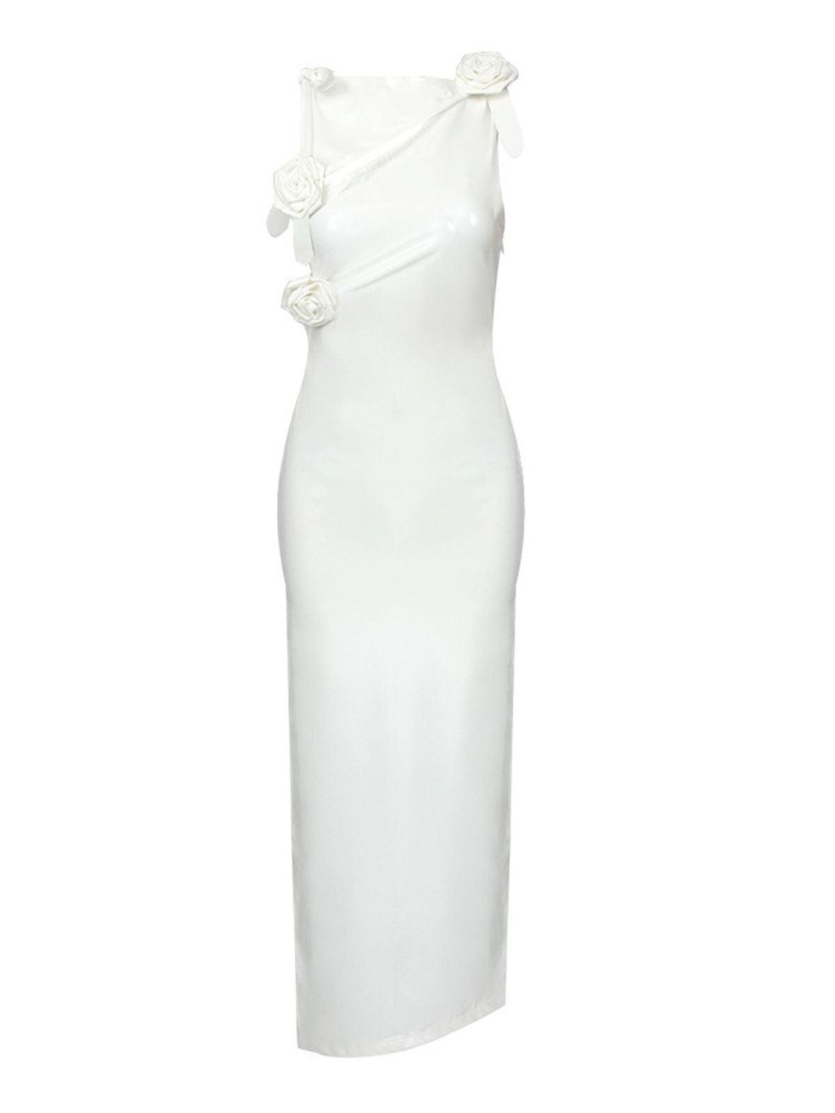 Hecate Cutout Latex Split Maxi Dress in White, showcasing a dramatic split and stylish cutout design for an edgy elegant look.