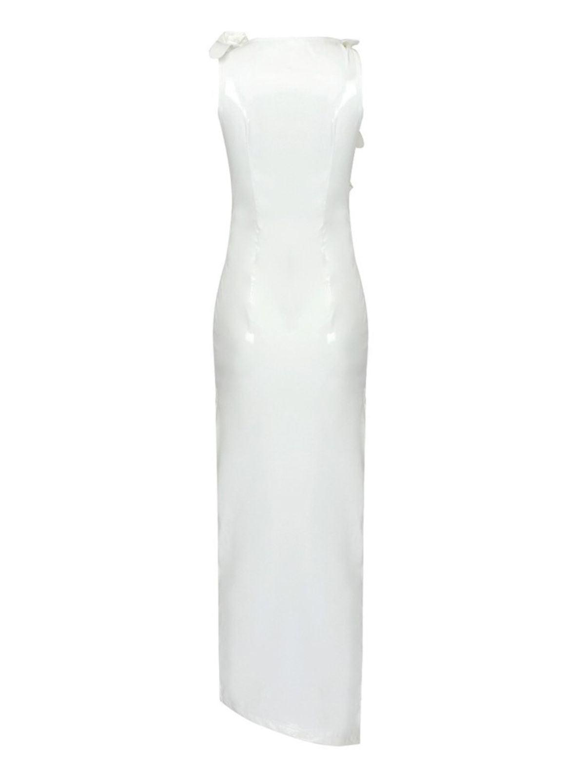 Hecate Cutout Latex Split Maxi Dress in White, showcasing a dramatic split and stylish cutout design for an edgy elegant look.