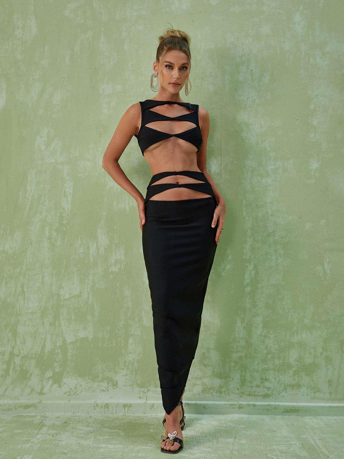 Hedwig Cutout Bandage Set in Black - a stylish maxi dress with elegant cutout design and comfortable fit, perfect for evening wear.