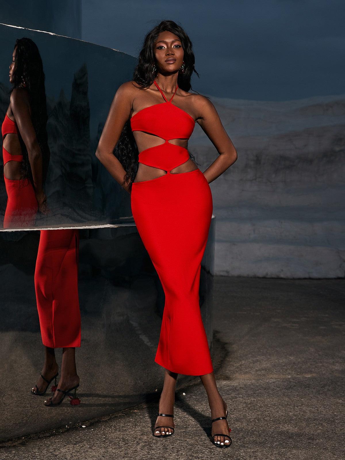 Elegant Hedwig Cutout High Split Bandage Dress in red, featuring trendy cutouts and a high split for a sophisticated evening look.