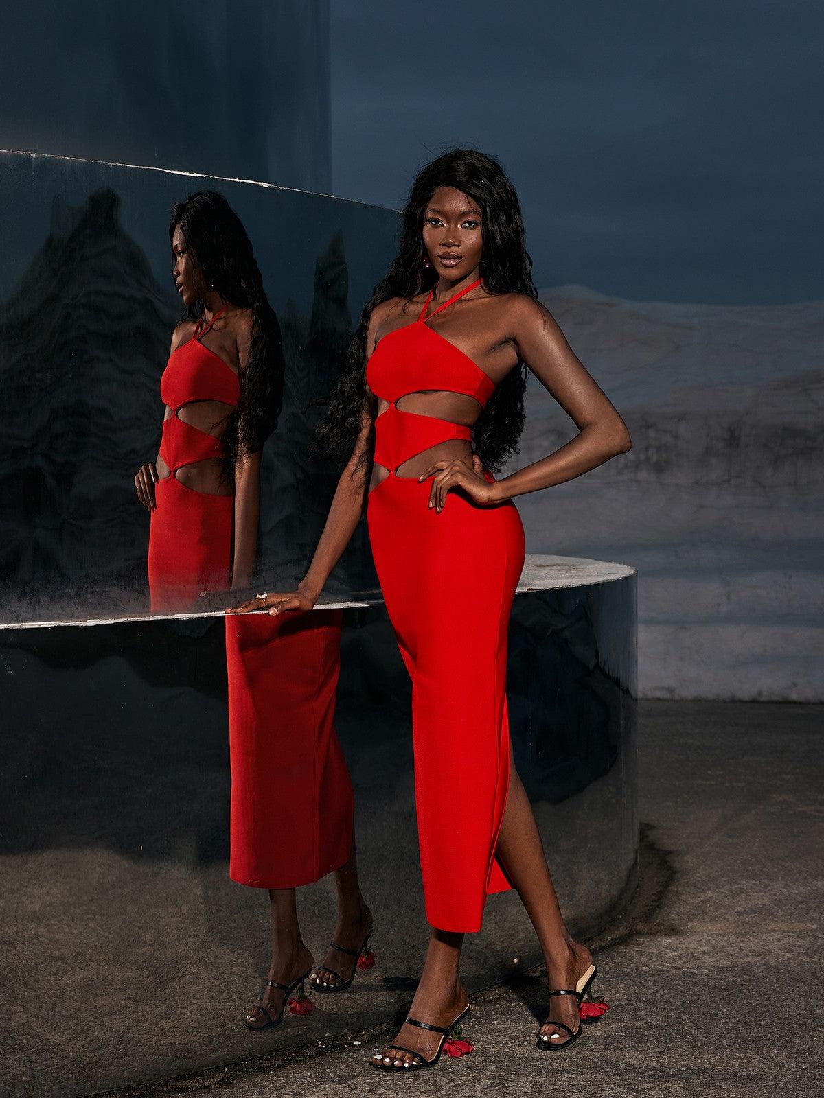 Elegant Hedwig Cutout High Split Bandage Dress in red, featuring trendy cutouts and a high split for a sophisticated evening look.