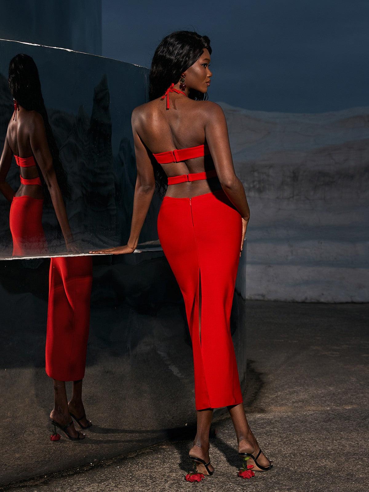 Elegant Hedwig Cutout High Split Bandage Dress in red, featuring trendy cutouts and a high split for a sophisticated evening look.