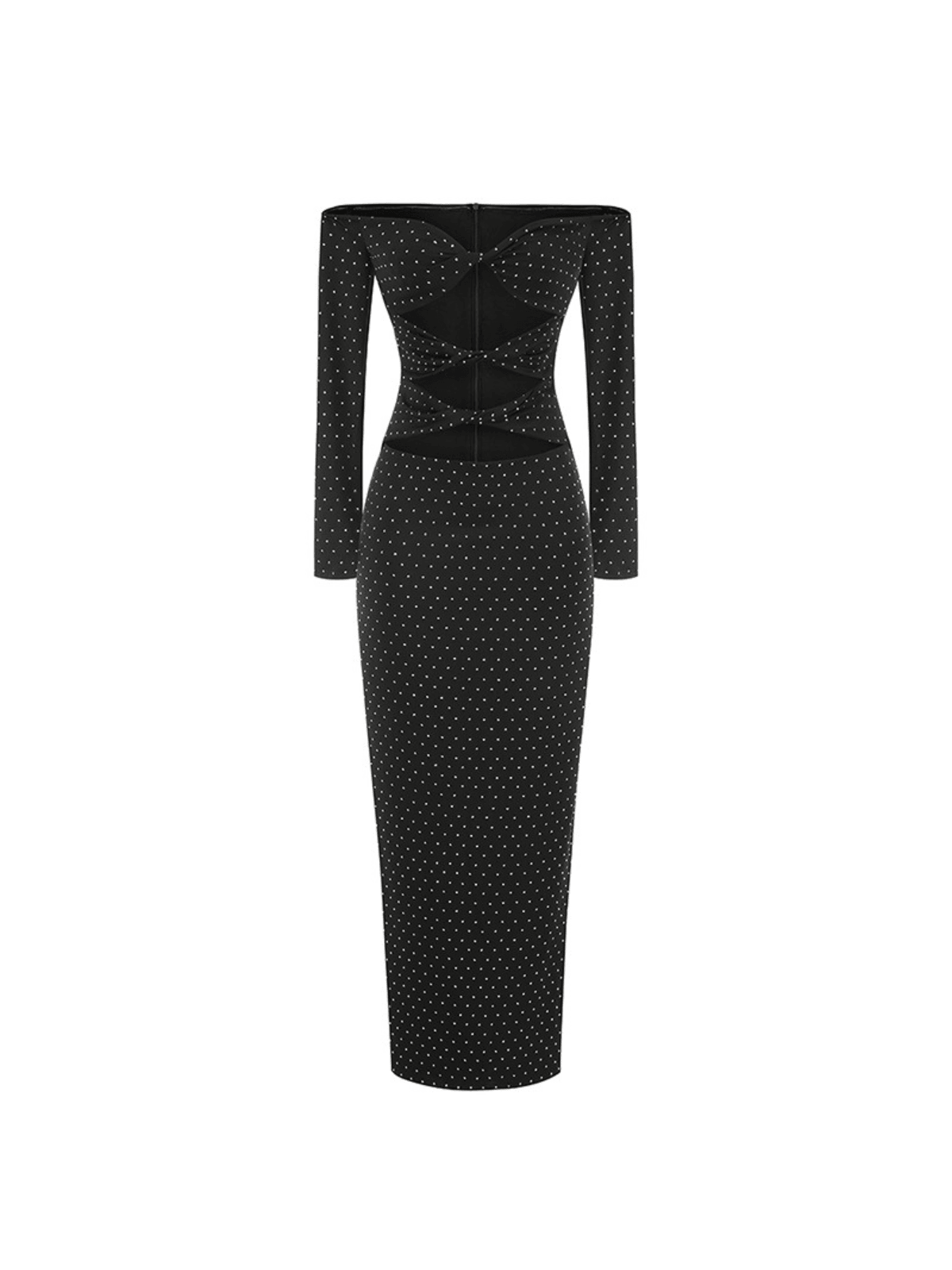 Hedwig Off Shoulder Rhinestone Cutout Maxi Dress in black, featuring elegant rhinestones and a unique cutout design.