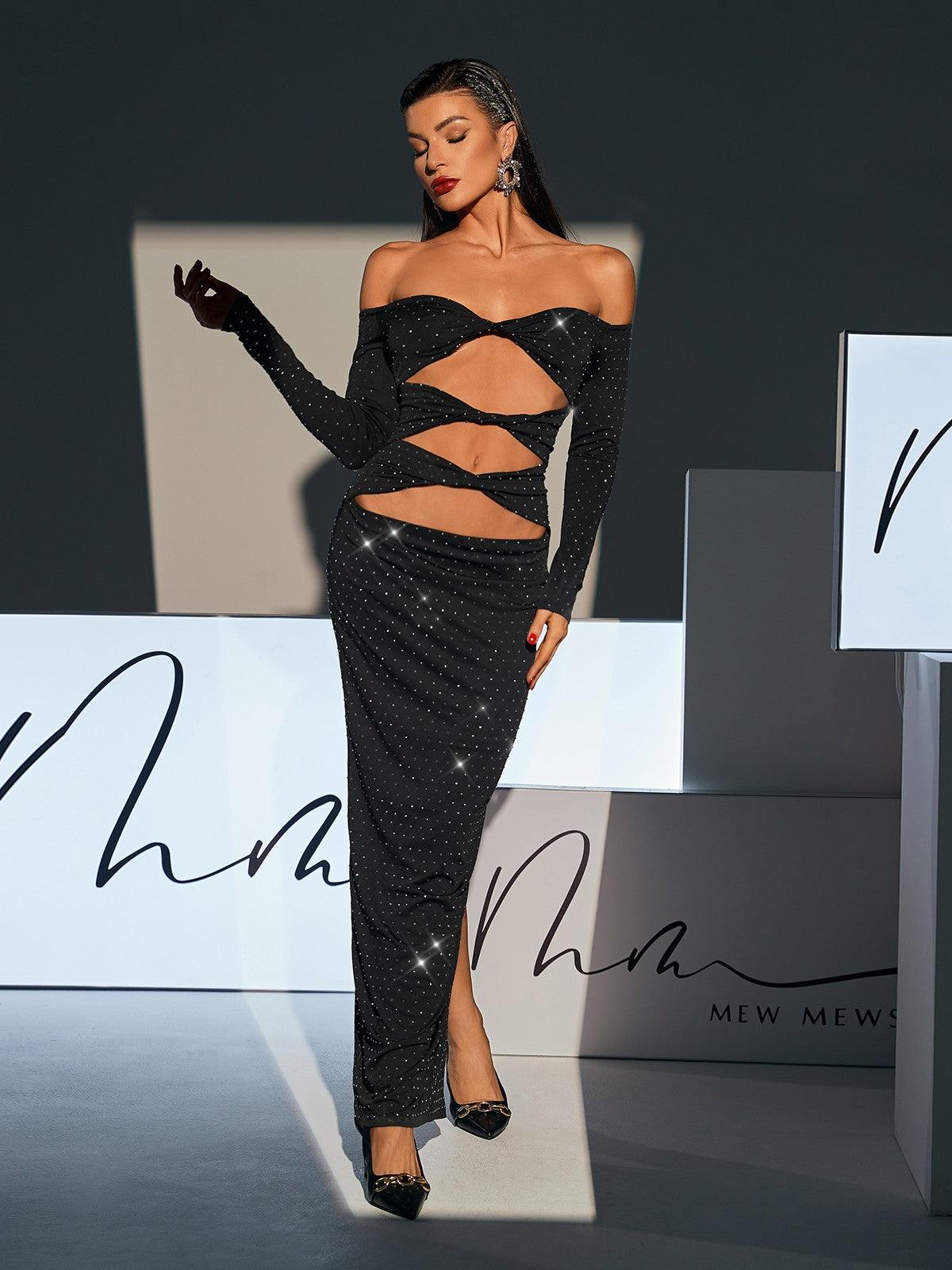 Hedwig Off Shoulder Rhinestone Cutout Maxi Dress in black, featuring elegant rhinestones and a unique cutout design.