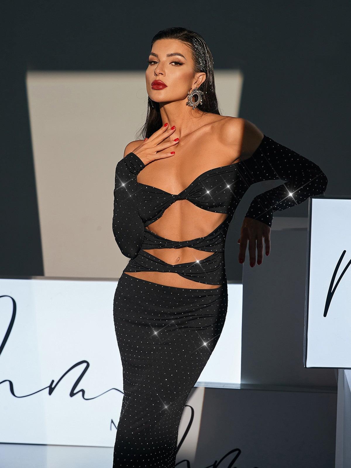 Hedwig Off Shoulder Rhinestone Cutout Maxi Dress in black, featuring elegant rhinestones and a unique cutout design.