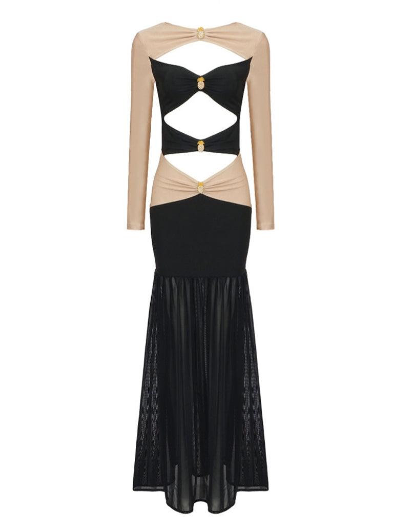 Hedwig Cutout Satin Dress in luxurious satin with a trendy cutout design, ideal for weddings and formal gatherings.