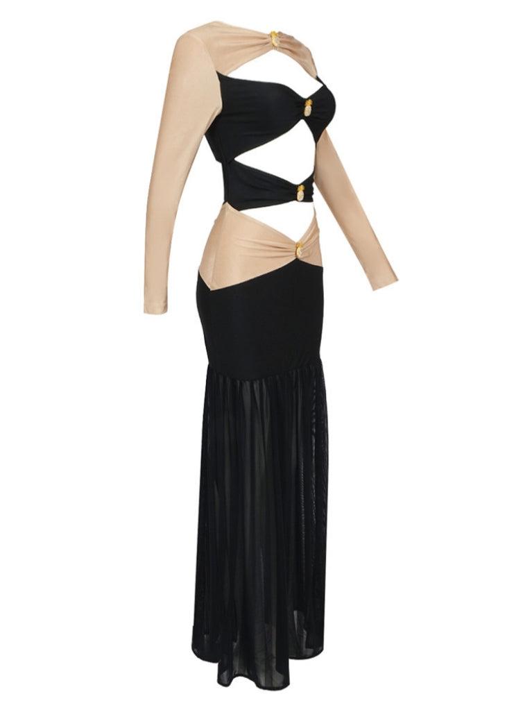 Hedwig Cutout Satin Dress in luxurious satin with a trendy cutout design, ideal for weddings and formal gatherings.