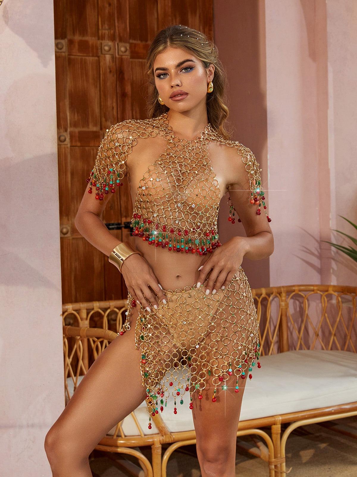 Helios Gemstone Chain Link Skirt Set featuring rhinestone embellishments and a chic design, perfect for summer events.