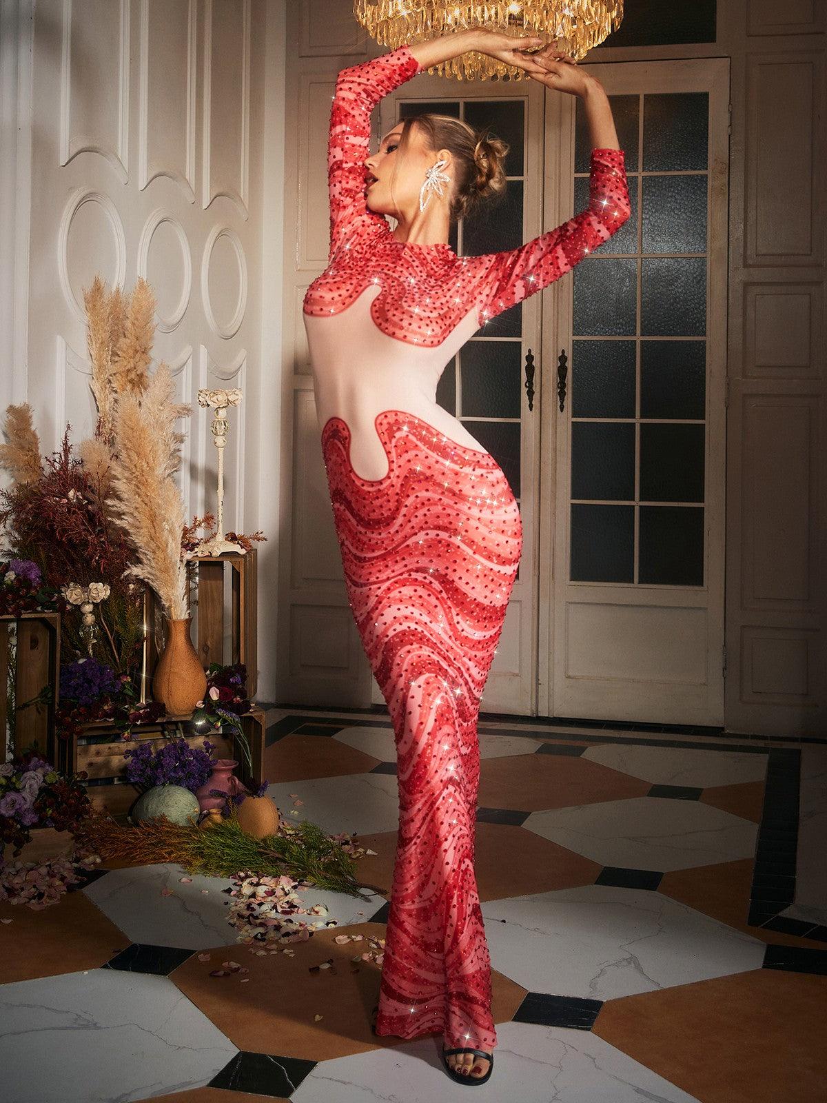 Herman Wave Printed Rhinestone Maxi Dress with elegant rhinestones and long sleeves, perfect for formal occasions.