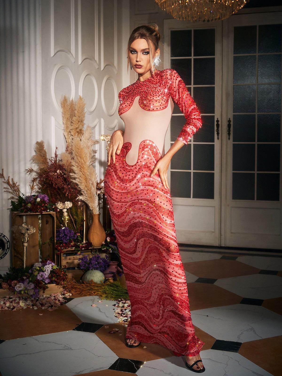 Herman Wave Printed Rhinestone Maxi Dress with elegant rhinestones and long sleeves, perfect for formal occasions.