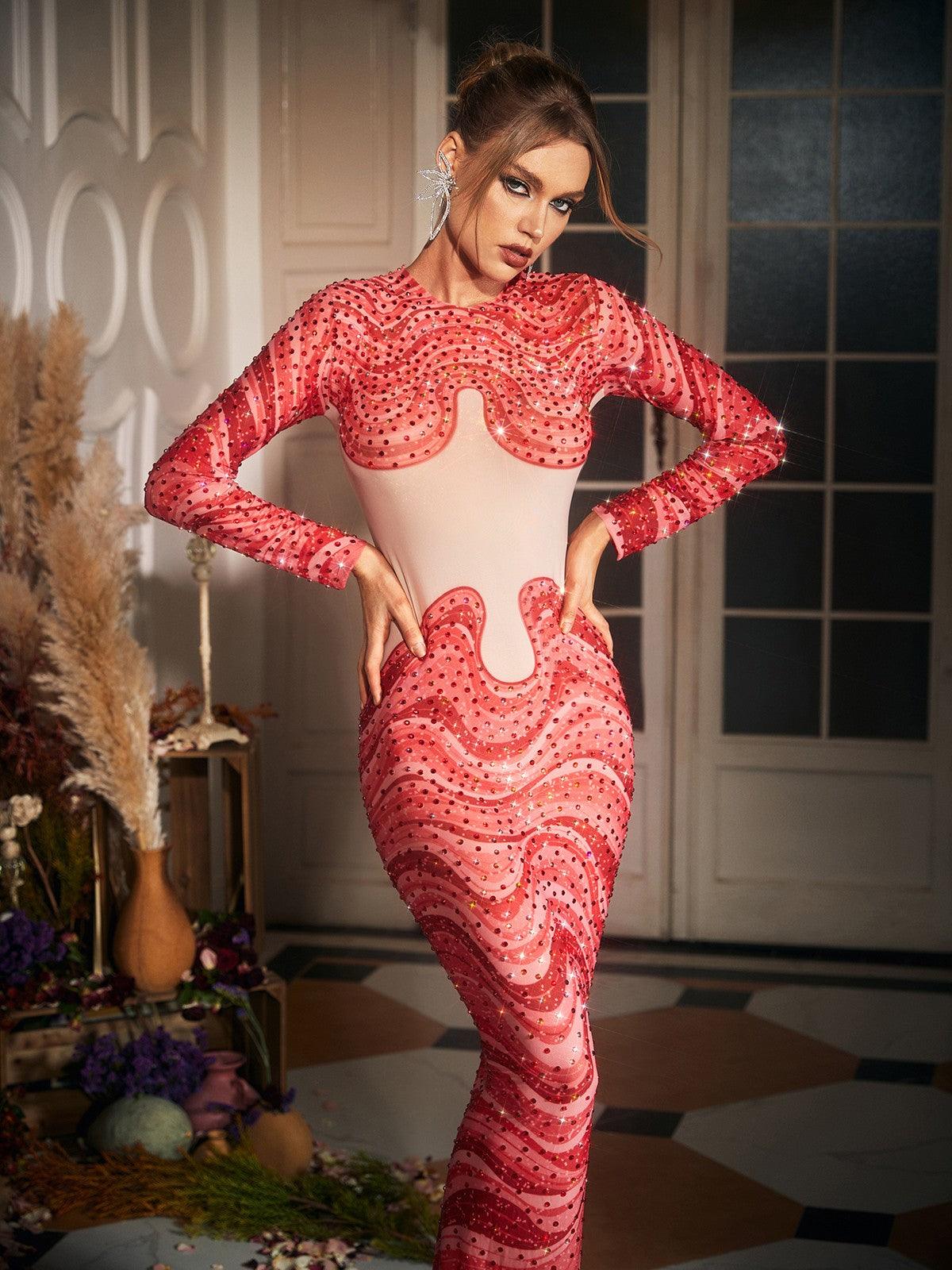 Herman Wave Printed Rhinestone Maxi Dress with elegant rhinestones and long sleeves, perfect for formal occasions.