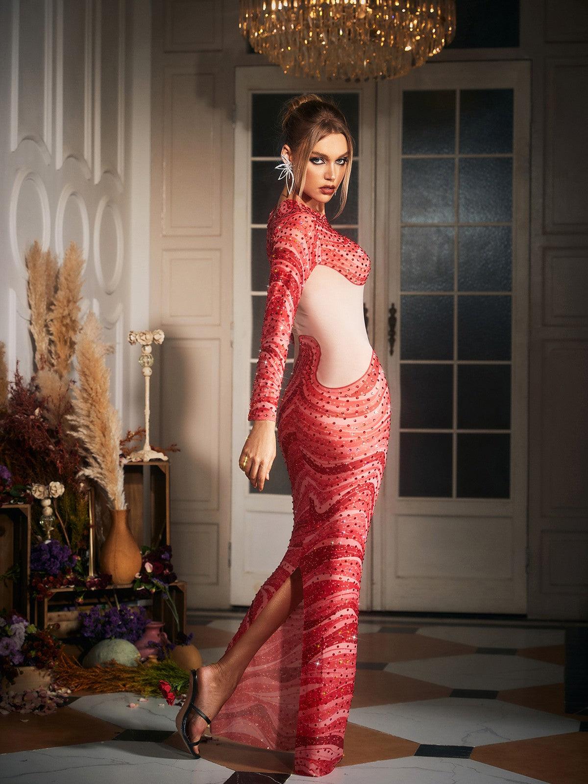 Herman Wave Printed Rhinestone Maxi Dress with elegant rhinestones and long sleeves, perfect for formal occasions.