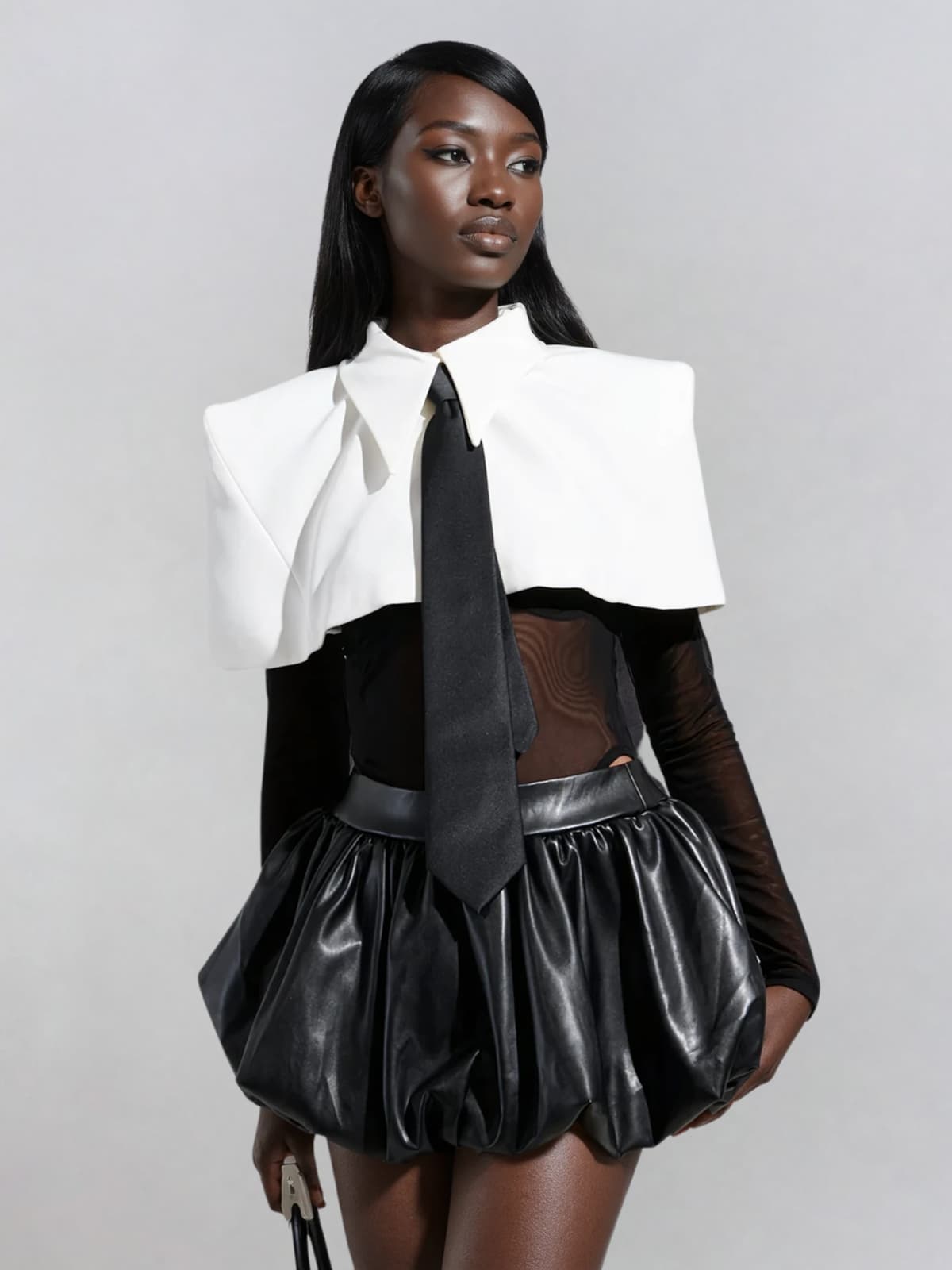 Heyren Folded Collar Tie Mesh Bodysuit