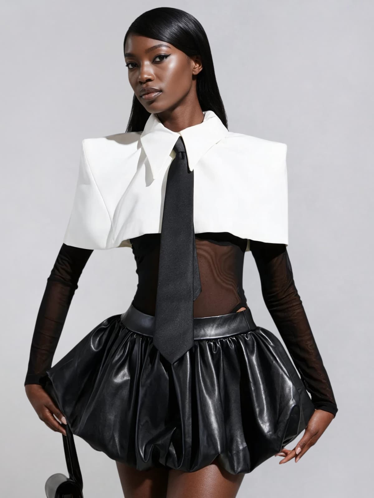 Heyren Folded Collar Tie Mesh Bodysuit