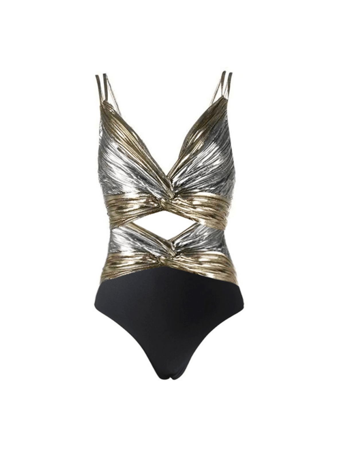 Hezekiah Twisted Swimwear Two Piece Set in metallic silver, perfect for stylish summer beachwear and poolside relaxation.