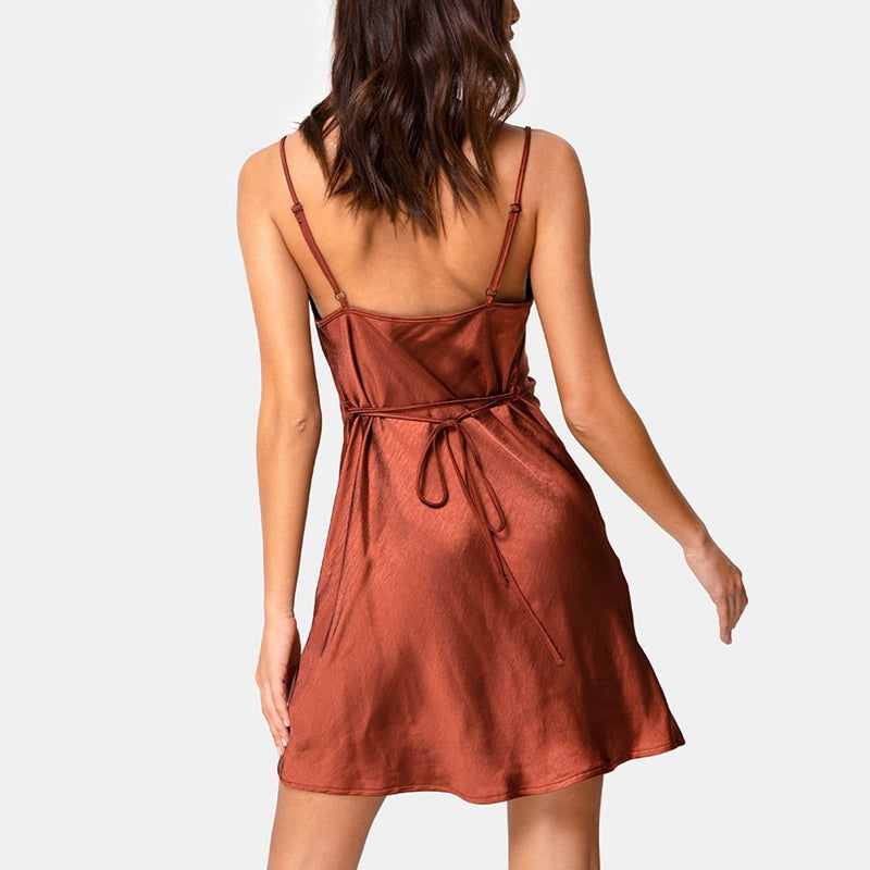 CHIC SATIN WAIST ADJUSTABLE STRAP DRESS-BLUE
