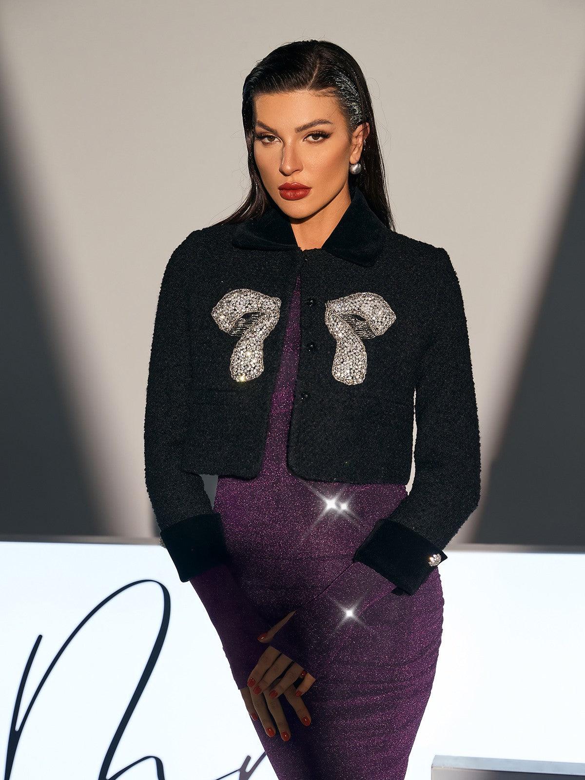 Hidde Crystal Bow Tweed Jacket featuring a unique bow detail and elegant crystal accents in luxurious black tweed.