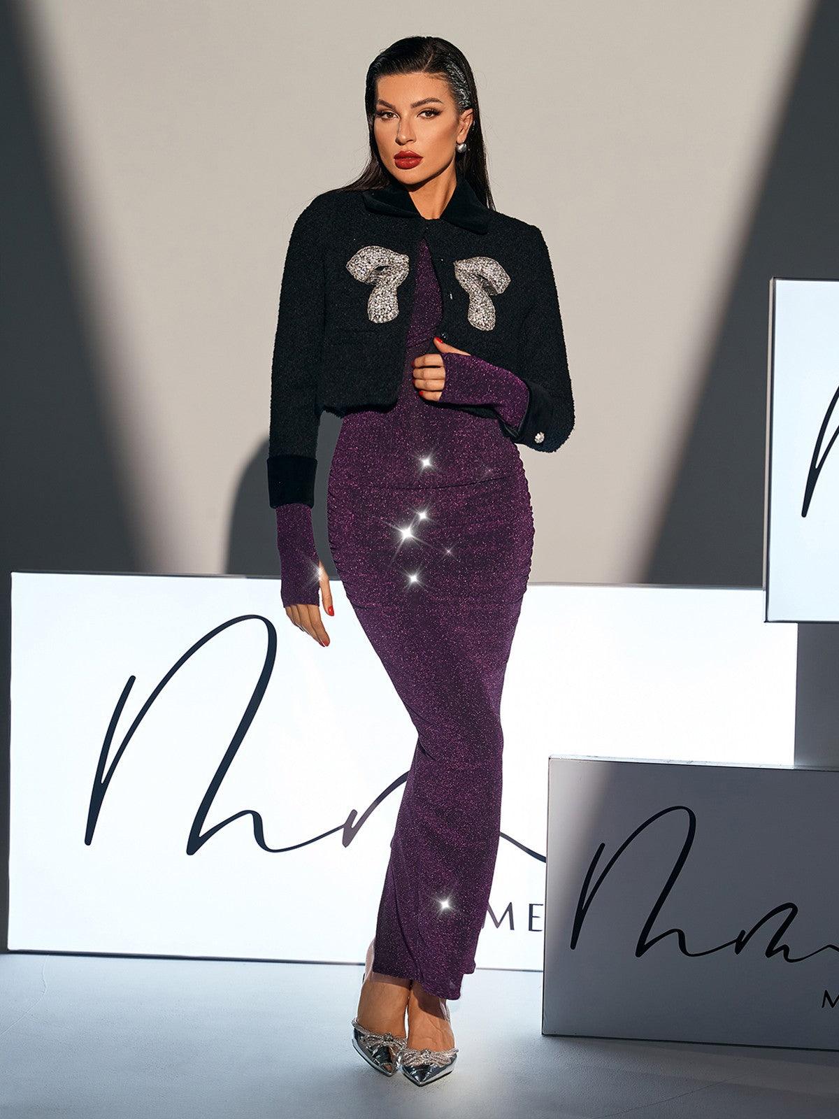 Hidde Crystal Bow Tweed Jacket featuring a unique bow detail and elegant crystal accents in luxurious black tweed.