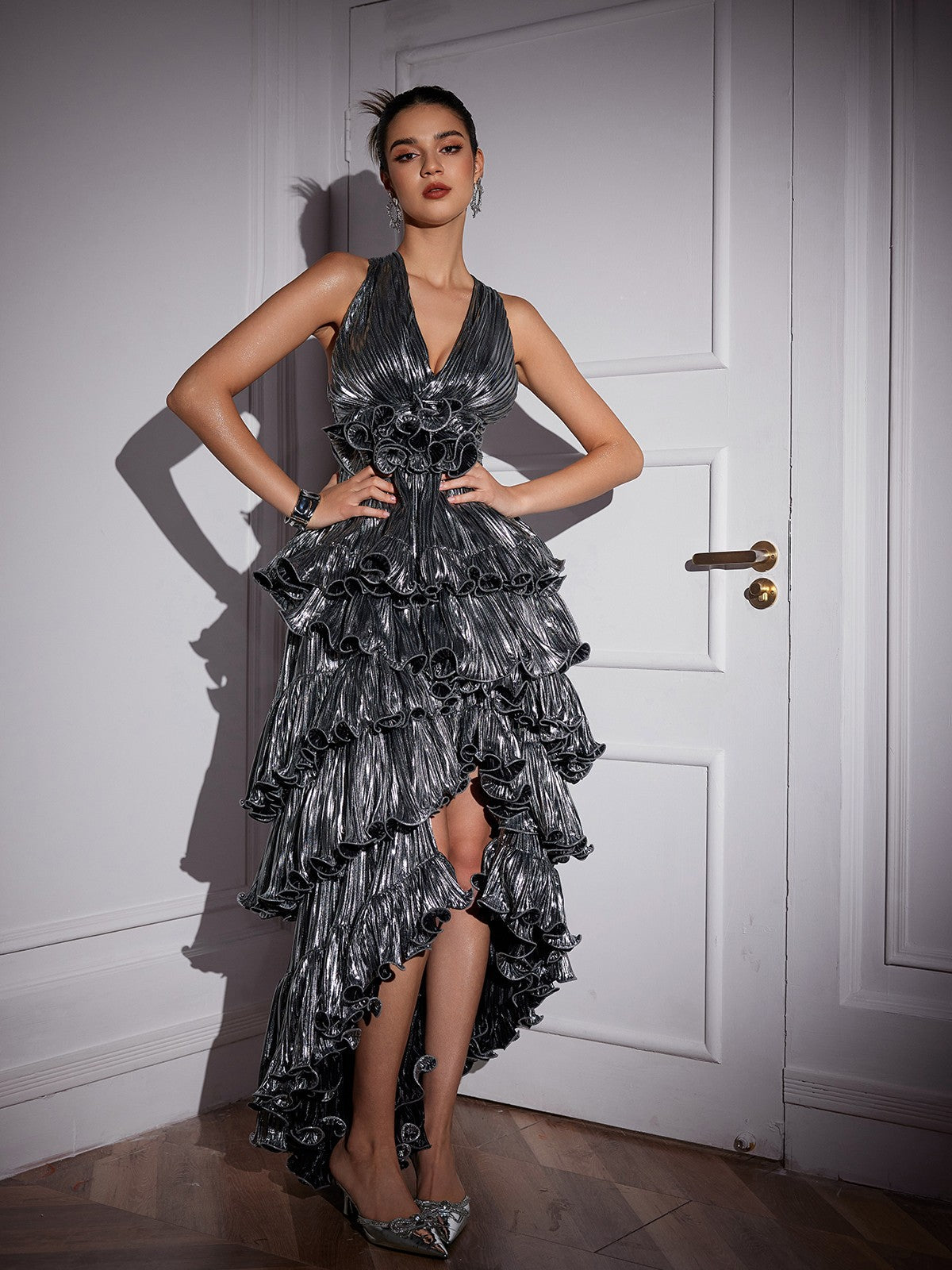 Hirst V Neck Ruched Midi Dress in Silver, a stylish and flattering dress with ruched detailing for any occasion.