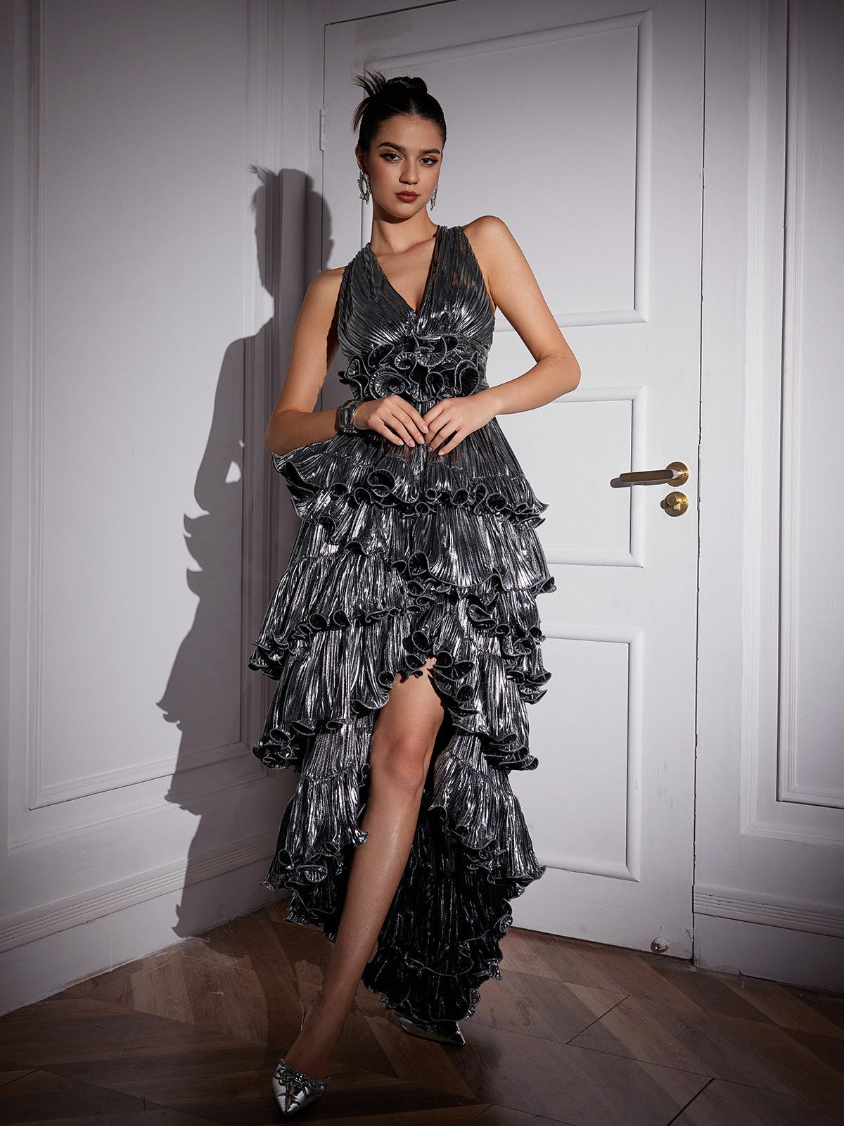 Hirst V Neck Ruched Midi Dress in Silver, a stylish and flattering dress with ruched detailing for any occasion.