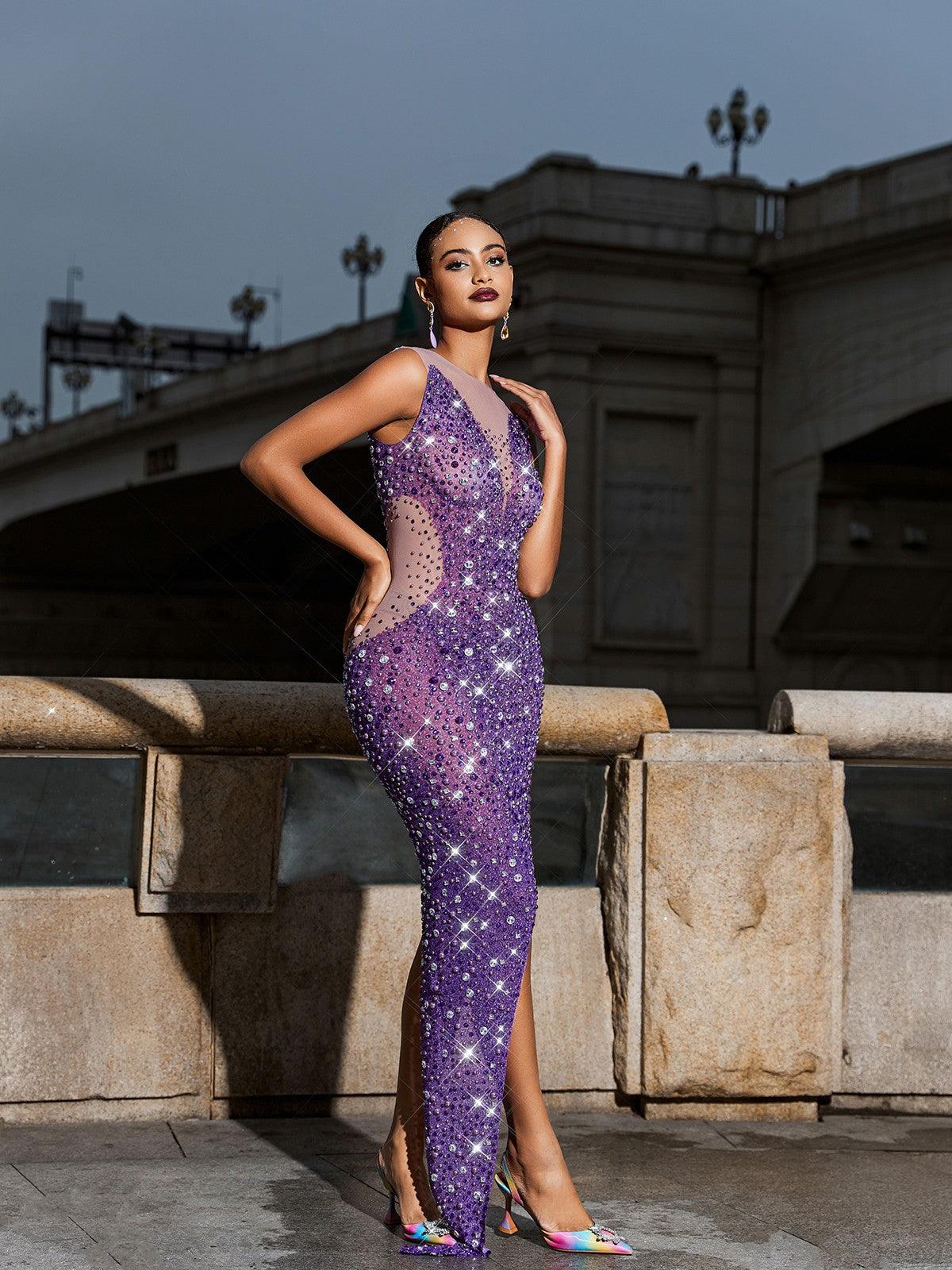 Hobart Rhinestone Asymmetric Mesh Dress in purple, featuring a split design and shimmering rhinestones, perfect for formal occasions.